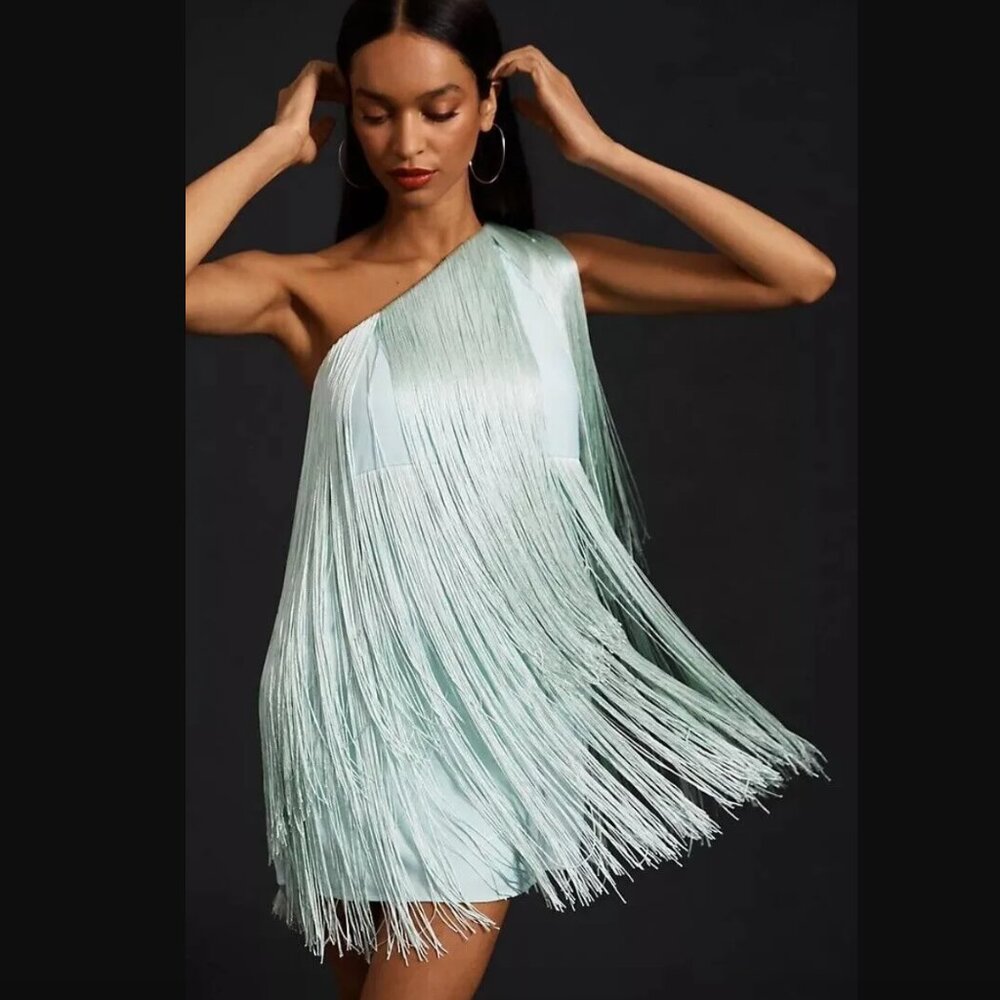 Elegant One-Shoulder Fringe Dress in Light Blue